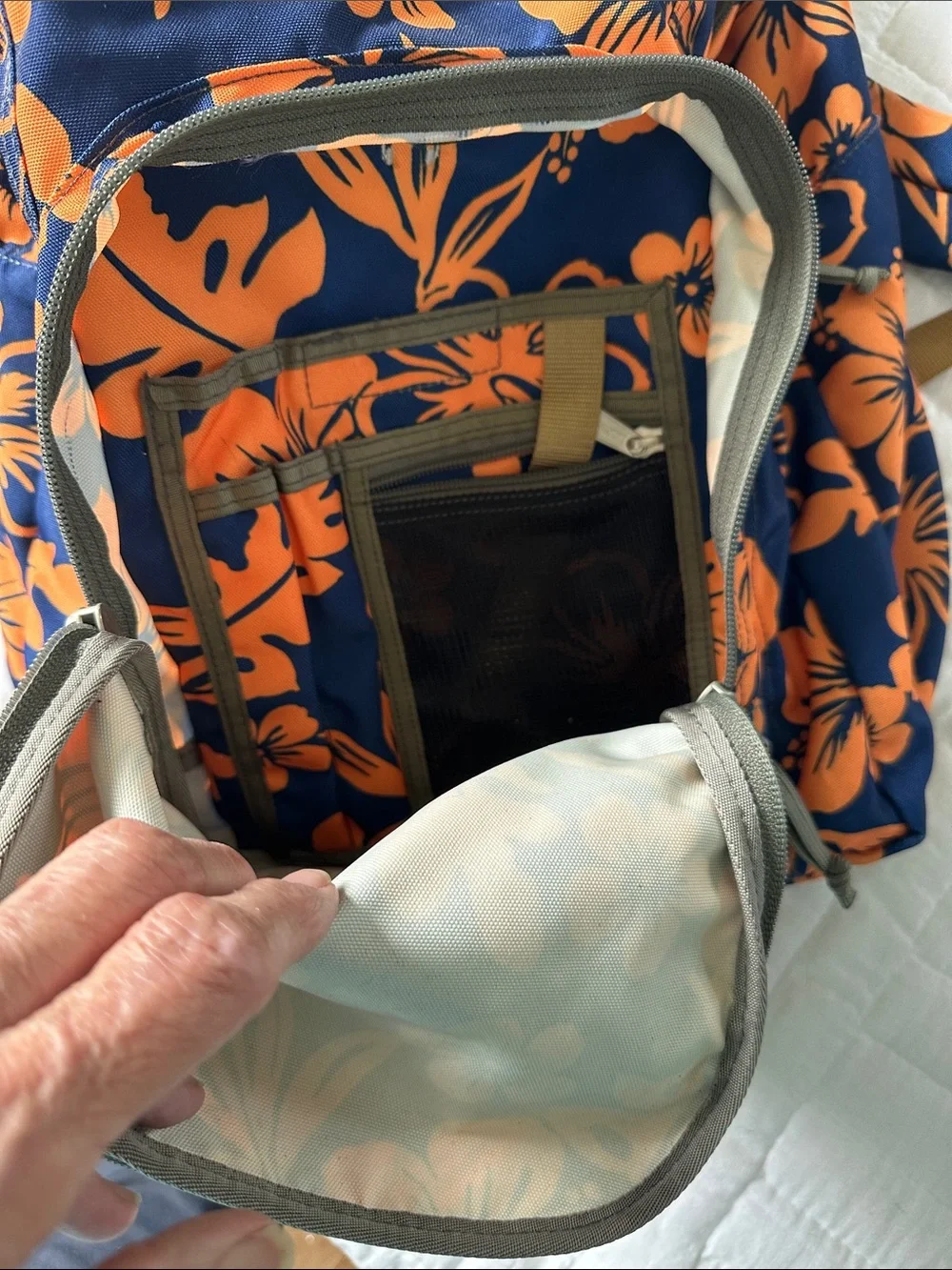 LL Bean coral & navy Polynesian nylon back pack